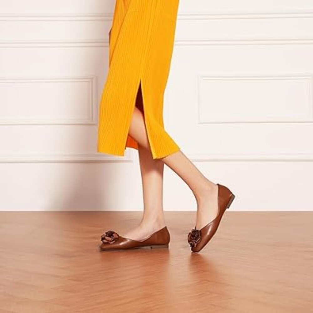 NWT - C. Paravano Eva - Square-toe Ballet Flats w/Flower Detail - Brown - Picture 5 of 6